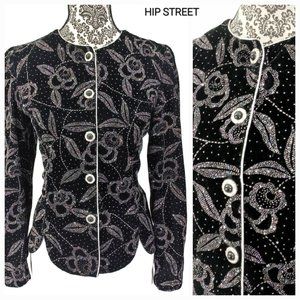 R&K EVENING Floral Glitter Dots On Velvet Scallop Edge LS Evening Jacket Top 8